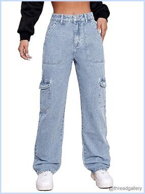 High Waisted Cargo Jeans Stretch Wide Leg Denim Pants Y2K Streetwear